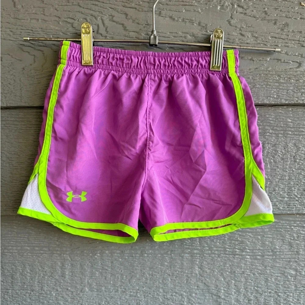 Under Armour Athletic Shorts Girl Kids Size 6 - Purple And Lime Green